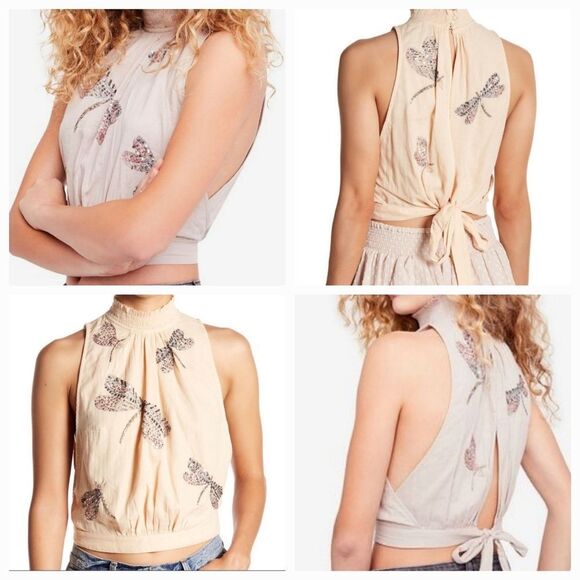 🩵NWT Free People Peach "The Garden" Dragonfly Sequin Sleeveless Top Medium - Picture 1 of 12